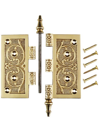 Alternate View 4 of 5 inch Solid Brass Steeple Tip Hinge With Decorative Vine Pattern.