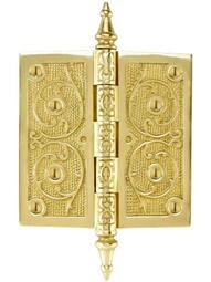 5 inch Solid Brass Steeple Tip Hinge With Decorative Vine Pattern.