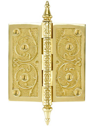 5 inch Solid Brass Steeple Tip Hinge With Decorative Vine Pattern.