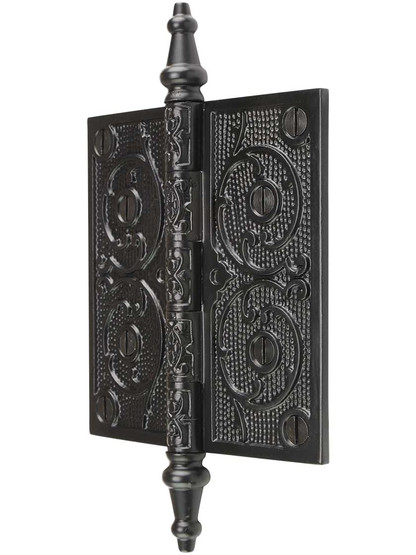 Alternate View of 5 inch Black Iron Steeple Tip Hinge With Decorative Vine Pattern