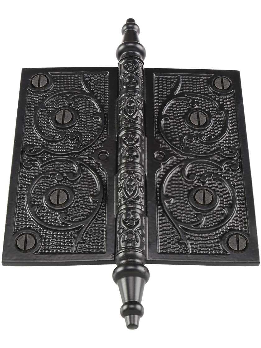 Alternate View 2 of 5 inch Black Iron Steeple Tip Hinge With Decorative Vine Pattern