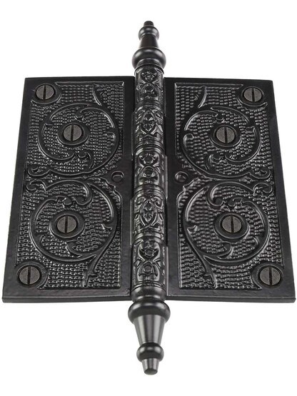 Alternate View 2 of 5 inch Black Iron Steeple Tip Hinge With Decorative Vine Pattern