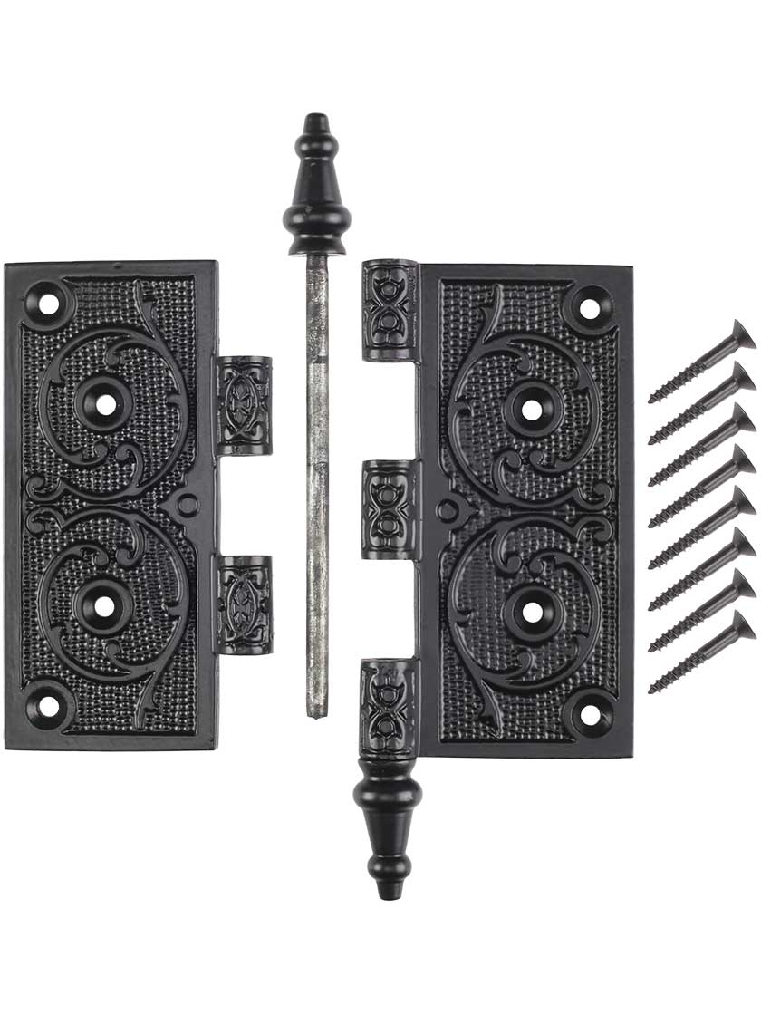 Alternate View 4 of 5 inch Black Iron Steeple Tip Hinge With Decorative Vine Pattern
