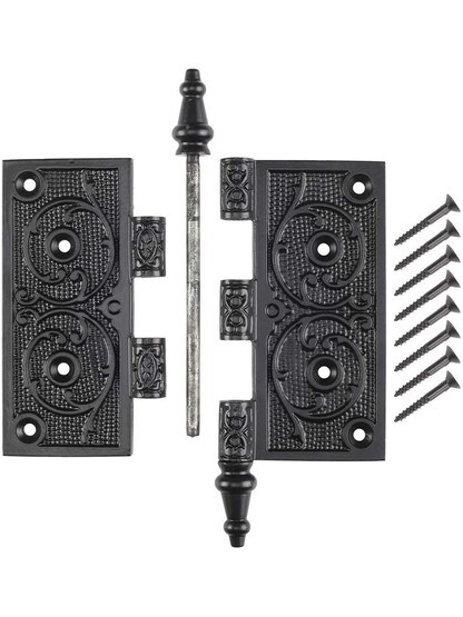 Alternate View 4 of 5 inch Black Iron Steeple Tip Hinge With Decorative Vine Pattern